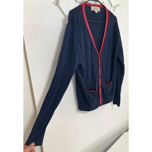 CARDIGAN 100% Merino Wool Men's Cardigan Navy Blue Red Stripe Button Sweater M - Picture 3 of 11